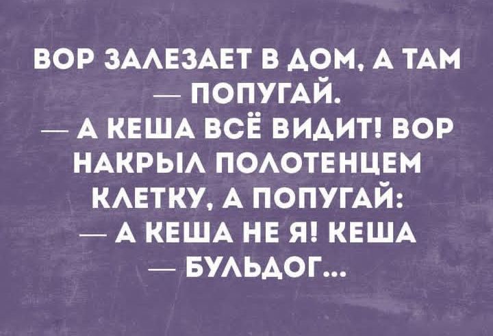 ВОР ЗАЛЕЗАЕТ В ДОМ, А ТАМ
— ПОПУГАЙ.
— А КЕША ВСЁ ВИДИТ! ВОР
НАКРЫЛ ПОЛОТЕНЦЕМ
КЛЕТКУ, А ПОПУГАЙ:
— А КЕША НЕ Я! КЕША
— БУЛЬДОГ…
