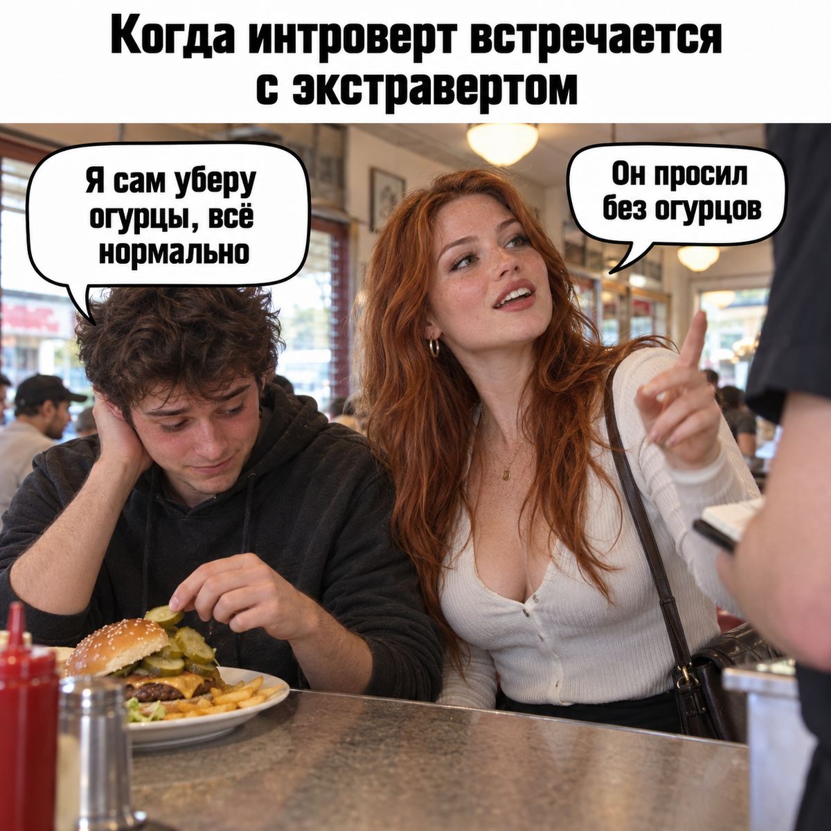 Когда интроверт встречается с экстравертом. Я сам уберу огурцы, всё нормально. Он просил без огурцов.