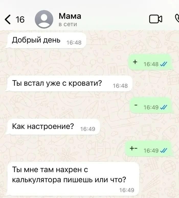 Мама в сети Добрый день 16:48 + 16:48 Ты встал уже с кровати? 16:48 - 16:49 Как настроение? 16:49 +- 16:49 Ты мне там нахрен с калькулятора пишешь или что? 16:49