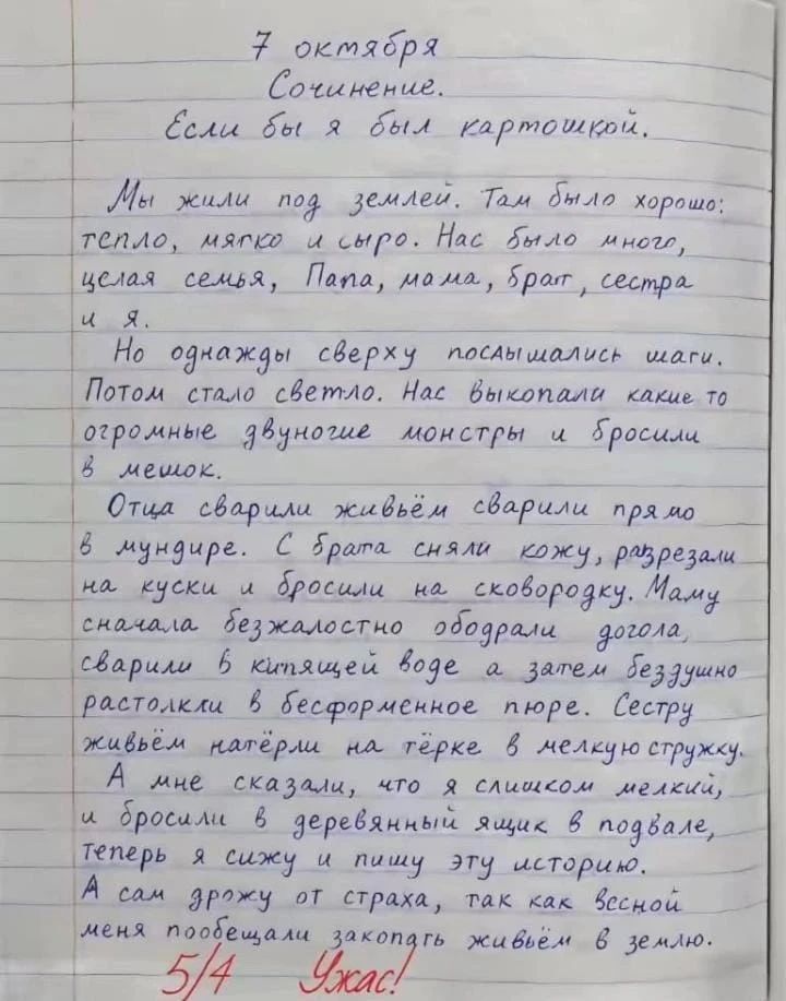 7 октября Сочинение. Если бы я был картошкой. Мы жили под землей. Там было хорошо: тепло, мягко и сыро. Нас было много, целая семья, Папа, мама, брат, сестра и я. Но однажды сверху послышались шаги. Потом стало светло. Нас выкопали какие-то огромные двуногие монстры и бросили в мешок. Отца сварили живьём сварили прямо в мундире. С брата сняли кожу,