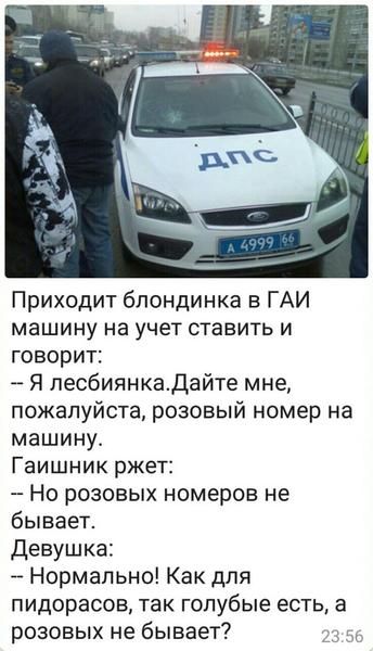 Приходит блондинка в ГАИ машину на учет ставить и говорит: -- Я лесбиянка. Дайте мне, пожалуйста, розовый номер на машину. Гаишник ржет: -- Но розовых номеров не бывает. Девушка: -- Нормально! Как для пидорасов, так голубые есть, а розовых не бывает?