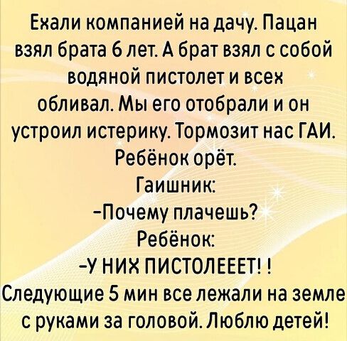 Ехали компанией на дачу. Пацан взял брата 6 лет. А брат взял с собой водяной пистолет и всех обливал. Мы его отобрали и он устроил истерику. Тормозит нас ГАИ. Ребёнок орёт. Гаишник: -Почему плачешь? Ребёнок: -У НИХ ПИСТОЛЕЕЕТ!! Следующие 5 мин все лежали на земле с руками за головой. Люблю детей!