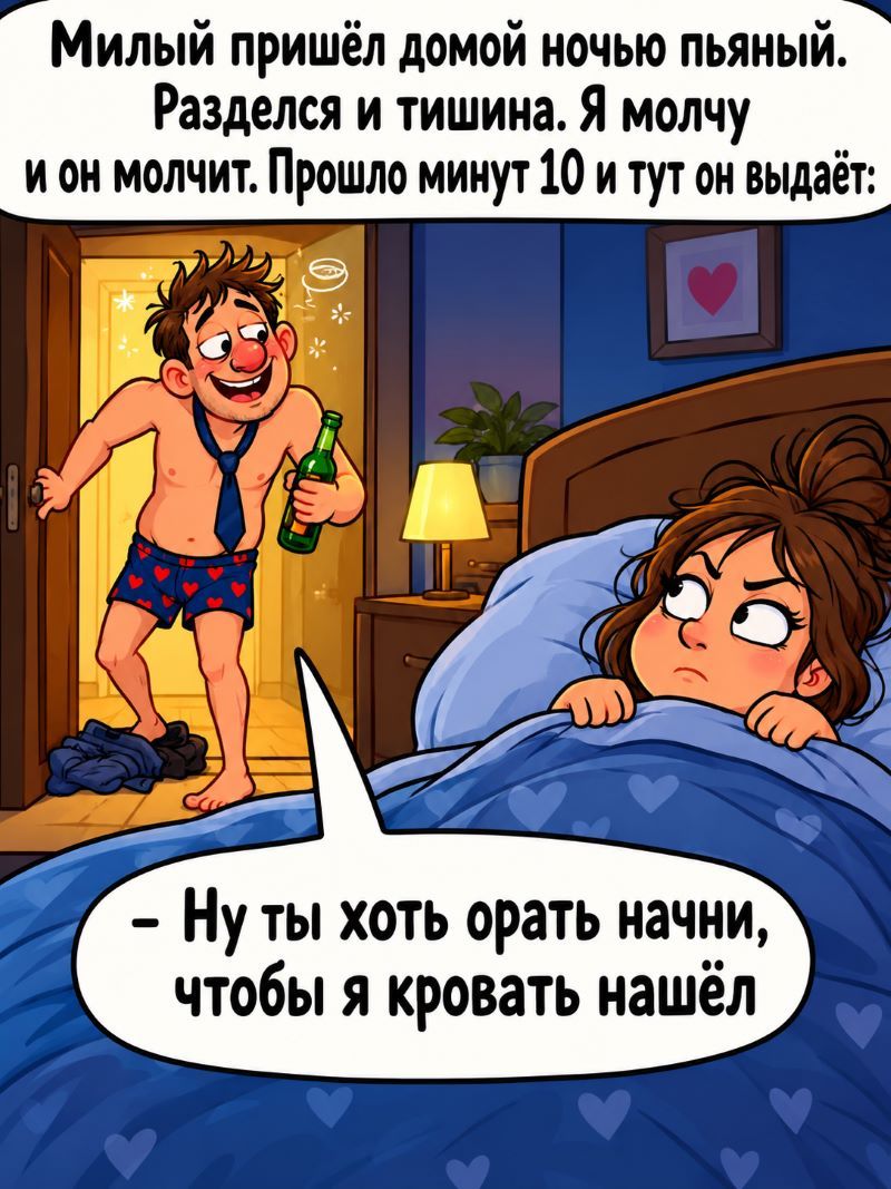 Милый пришёл домой ночью пьяный. Разделся и тишина. Я молчу и он молчит. Прошло минут 10 и тут он выдаёт: - Ну ты хоть орать начни, чтобы я кровать нашёл