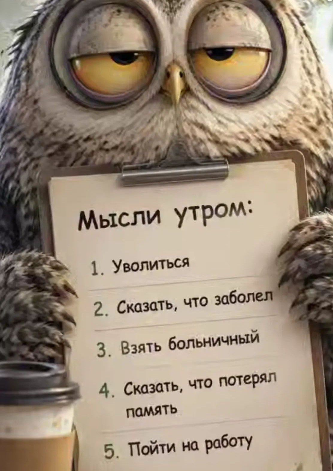 Мысли утром: 1. Уволиться 2. Сказать, что заболел 3. Взять больничный 4. Сказать, что потерял память 5. Пойти на работу