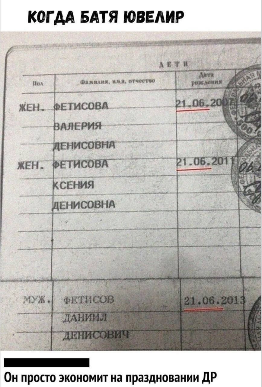КОГДА БАТЯ ЮВЕЛИР ДЕТИ Пол Фамилия, имя, отчество Дата рождения ЖЕН. ФЕТИСОВА ВАЛЕРИЯ ДЕНИСОВНА 21.06.2007 ЖЕН. ФЕТИСОВА КСЕНИЯ ДЕНИСОВНА 21.06.2011 МУЖ. ФЕТИСОВ ДАНИИЛ ДЕНИСОВИЧ 21.06.2013 Он просто экономит на праздновании ДР