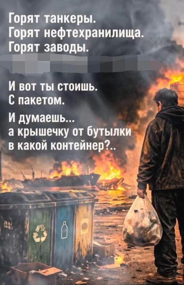 Горят танкеры. Горят нефтехранилища. Горят заводы. И вот ты стоишь. С пакетом. И думаешь... а крышечку от бутылки в какой контейнер?...