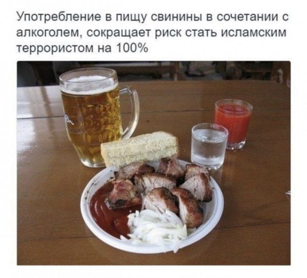 Употребление в пищу свинины в сочетании с алкоголем, сокращает риск стать исламским террористом на 100%