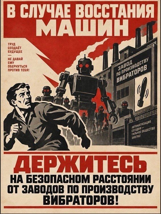 В СЛУЧАЕ ВОССТАНИЯ МАШИН ДЕРЖИТЕСЬ НА БЕЗОПАСНОМ РАССТОЯНИИ ОТ ЗАВОДОВ ПО ПРОИЗВОДСТВУ ВИБРАТОРОВ! ТРУД СОЗДАЁТ БУДУЩЕЕ НЕ ДАВАЙ ЕМУ ОБЕРНУТЬСЯ ПРОТИВ ТЕБЯ! ЗАВОД ПО ПРОИЗВОДСТВУ ВИБРАТОРОВ АВТОМАТИЗАЦИЯ СЕГОДНЯ — СИЛЬНОЕ ОБЩЕСТВО ЗАВТРА!