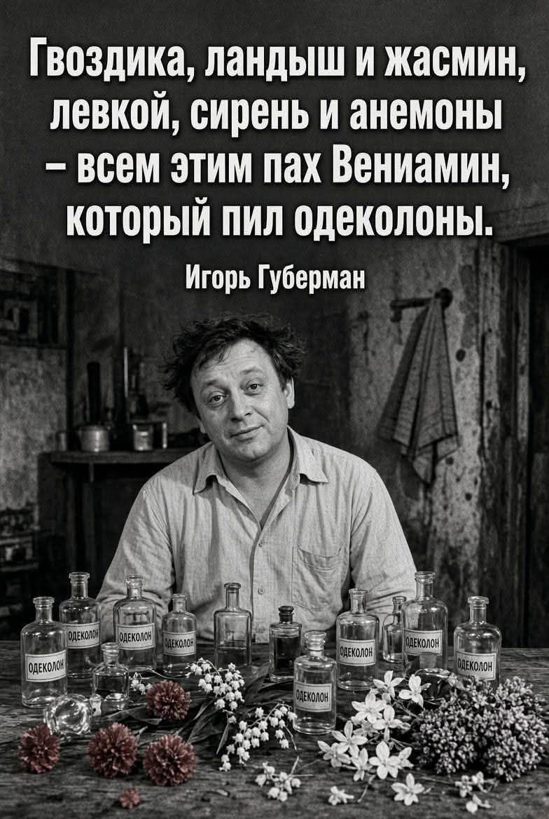 Гвоздика, ландыш и жасмин, левкой, сирень и анемоны – всем этим пах Вениамин, который пил одеколоны. Игорь Губерман. Одеколон.