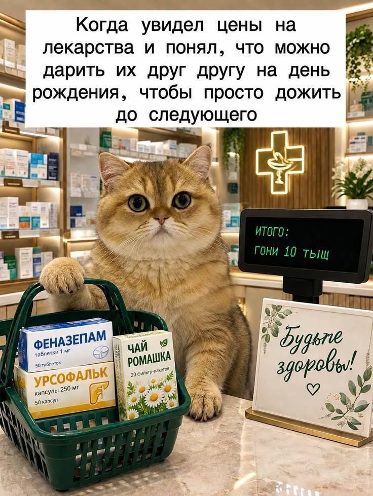 Когда увидел цены на лекарства и понял, что можно дарить их друг другу на день рождения, чтобы просто дожить до следующего. ИТОГО: гони 10 ТЫЩ. Будьте здоровы! ФЕНАЗЕПАМ таблетки 1 мг 50 таблеток. УРСОФАЛЬК капсулы 250 мг 50 капсул. ЧАЙ РОМАШКА 20 фильтр-пакетов.