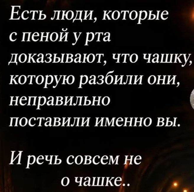 Есть люди, которые с пеной у рта доказывают, что чашку, которую разбили они, неправильно поставили именно вы. И речь совсем не о чашке..