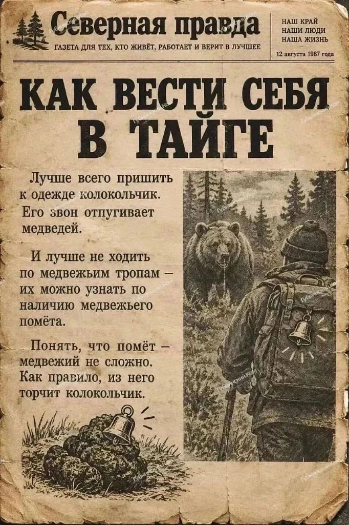 Северная правда. ГАЗЕТА ДЛЯ ТЕХ, КТО ЖИВЁТ, РАБОТАЕТ И ВЕРИТ В ЛУЧШЕЕ. НАШ КРАЙ. НАШИ ЛЮДИ. НАША ЖИЗНЬ. 12 августа 1987 года. КАК ВЕСТИ СЕБЯ В ТАЙГЕ. Лучше всего пришить к одежде колокольчик. Его звон отпугивает медведей. И лучше не ходить по медвежьим тропам — их можно узнать по наличию медвежьего помёта. Понять, что помёт — медвежий не сложно. Ка