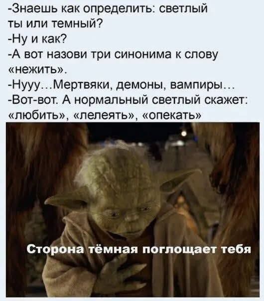 -Знаешь как определить: светлый ты или темный?
-Ну и как?
-А вот назови три синонима к слову «нежить».
-Нууу...Мертвяки, демоны, вампиры...
-Вот-вот. А нормальный светлый скажет: «любить», «лелеять», «опекать»
Сторона тёмная поглощает тебя