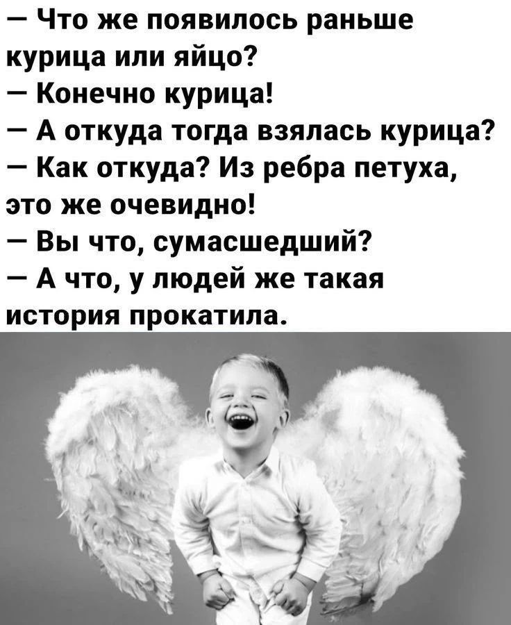 Что же появилось раньше курица или яйцо? Конечно курица! А откуда тогда взялась курица? Как откуда? Из ребра петуха, это же очевидно! Вы что, сумасшедший? А что, у людей же такая история прокатила.