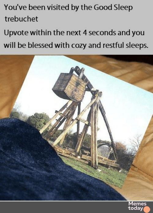 Youve been visited by the Good Sleep trebuchet Upvote within the next 4 seconds and you will be blessed with cozy and restful sleeps