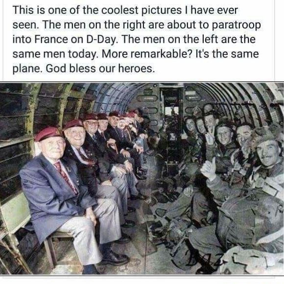 This is one of the coolest pictures have ever seen The men on the right are about to paratroop into France on D Day The men on the left are the same men today More remarkable Its the same plane God bless our heroes