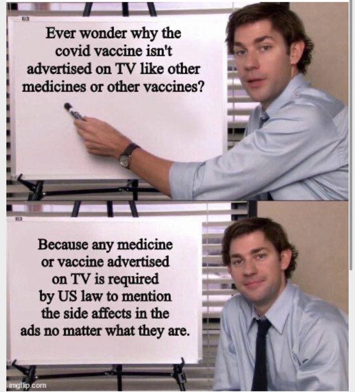 Ever wonder why the covid vaccine isnt advertised on TV like other medicines or other vaccines Because any medicine or vaccine advertised on TV is required by US law to mention the side affects in the