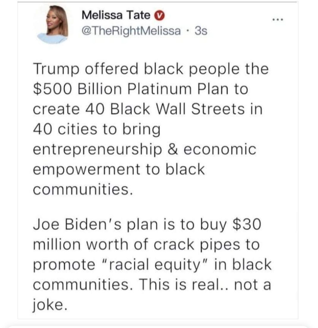 Melissa Tate TheRightMelissa 3s Trump offered black people the 500 Billion Platinum Plan to create 40 Black Wall Streets in 40 cities to bring entrepreneurship economic empowerment to black communities Joe Bidens plan is to buy 30 million worth of crack pipes to promote racial equity in black communities This is real not a joke