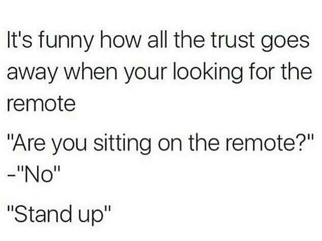 Ilts funny how all the trust goes away when your looking for the remote Are you sitting on the remote _IINOII Stand up
