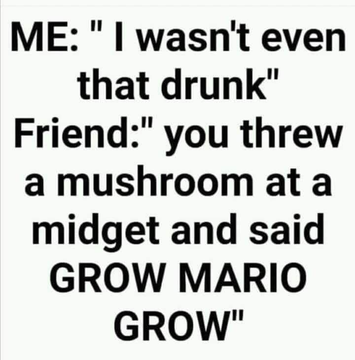 ME wasnt even that drunk Friend you threw a mushroom at a midget and said GROW MARIO GROW