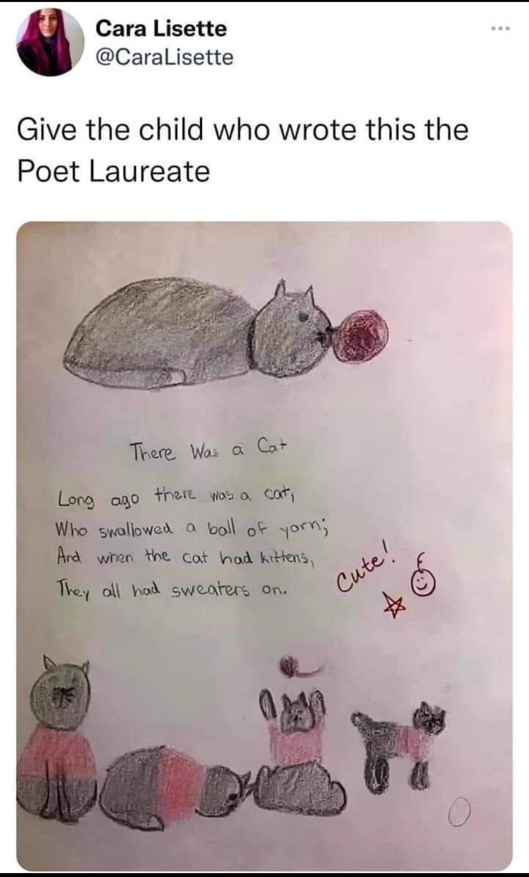 Cara Lisette Caralisette Give the child who wrote this the Poet Laureate