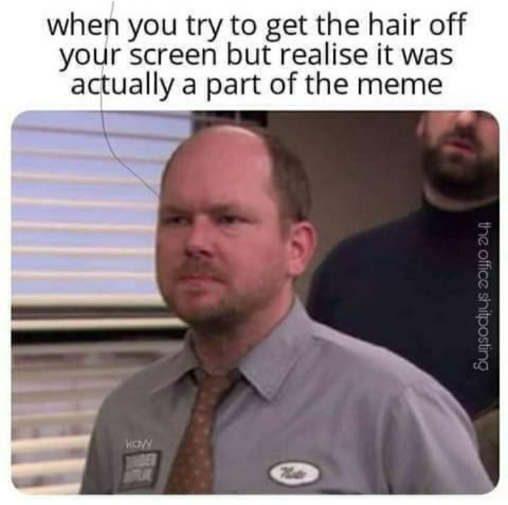 when you try to get the hair off your screen but realise it was actually a part of the meme