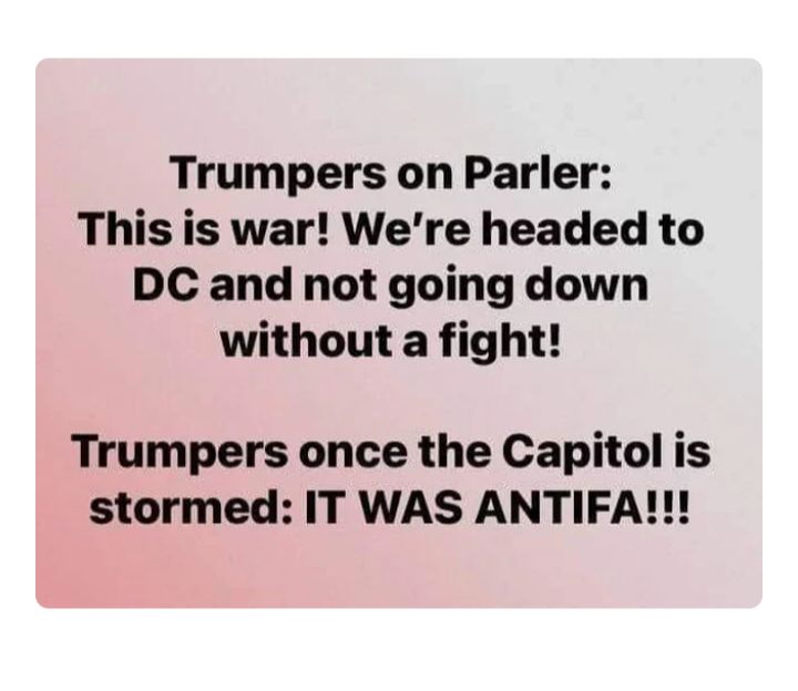 Trumpers on Parler This is war Were headed to DC and not going down without a fight Trumpers once the Capitol is stormed IT WAS ANTIFA