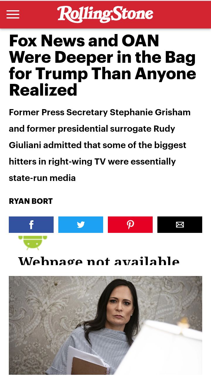 Fox News and OAN Were Deeper in the Bag for Trump Than Anyone Realized Former Press Secretary Stephanie Grisham and former presidential surrogate Rudy Giuliani admitted that some of the biggest hitters in right wing TV were essentially state run media RYAN BORT Wehnaoe nnt availahle