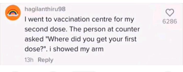 hagilanthiru98 went to vaccination centre for my second dose The person at counter asked Where did you get your first dose i showed my arm 13h Reply 6286