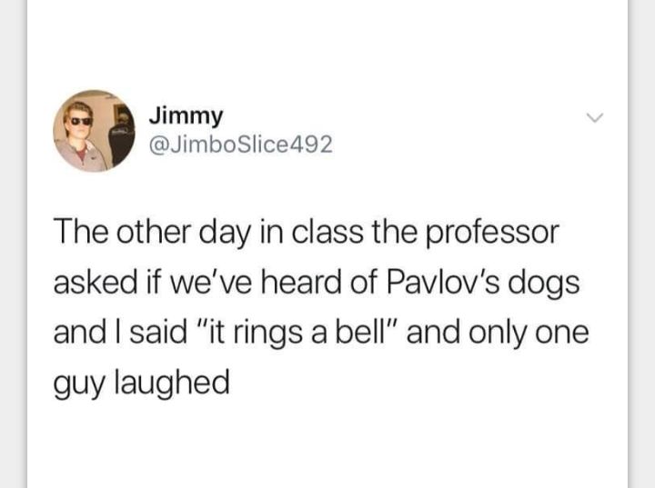 Jimmy JimboSlice492 The other day in class the professor asked if weve heard of Pavlovs dogs and said it rings a bell and only one guy laughed