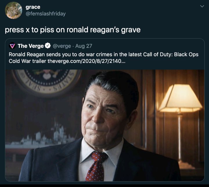 grace v J femslashfriday press x to piss on ronald reagans grave V The Verge verge Aug 27 Ronald Reagan sends you to do war crimes in the latest Call of Duty Black Ops Cold War trailer thevergecom20208272140