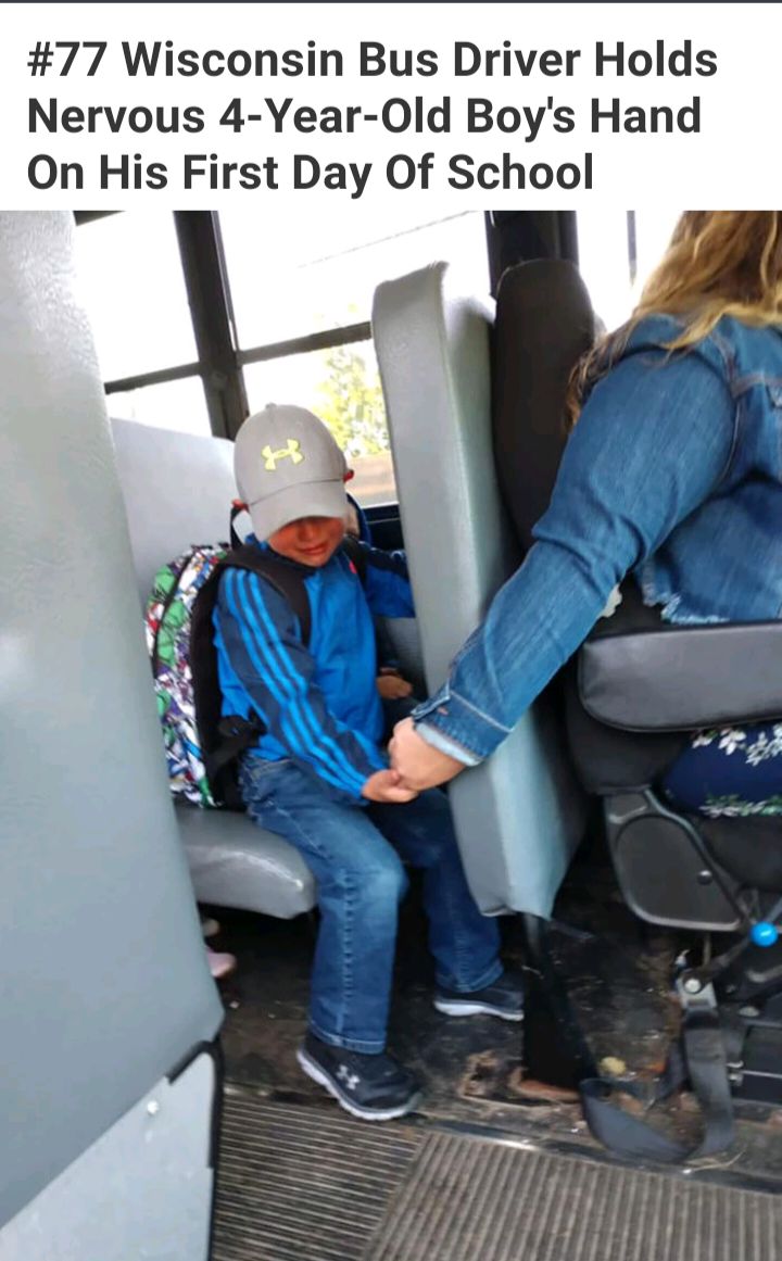 77 Wisconsin Bus Driver Holds Nervous 4 Year 0ld Boys Hand On His First Day Of School