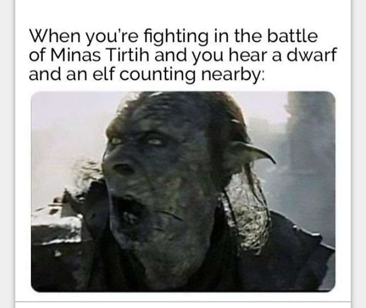 When youre fighting in the battle of Minas Tirtih and you hear a dwarf and an elf counting nearby