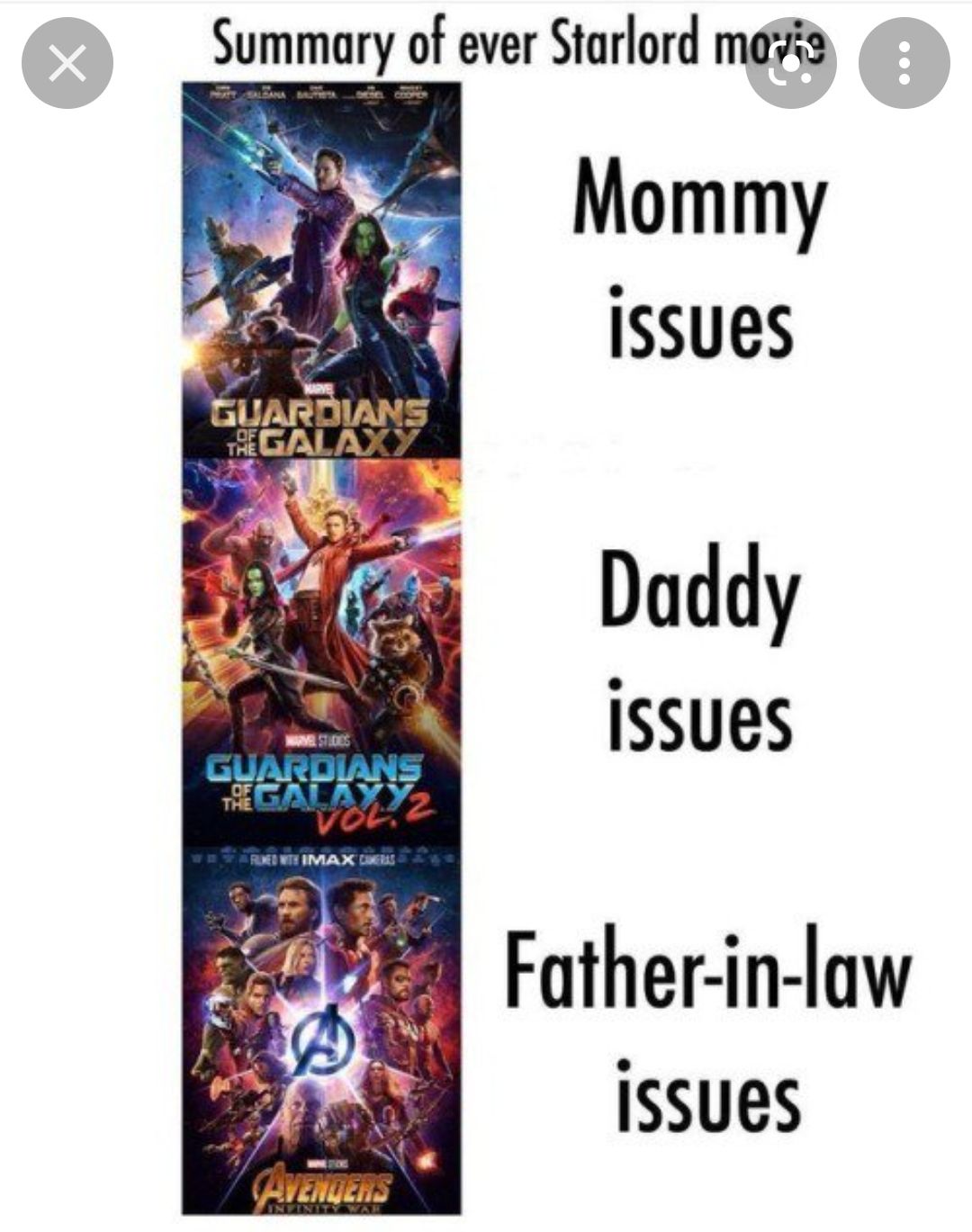 Summary of ever Starlord mgs Mommy issues Daddy issues Father in law issues oy R RVENGERS