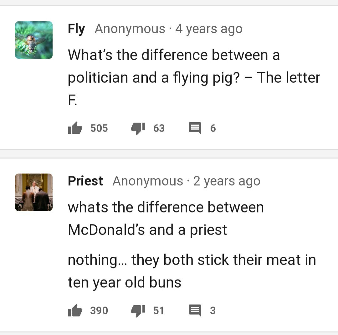 Fly Anonymous 4 years ago Whats the difference between a politician and a flying pig The letter F e 505 e3 B o Priest Anonymous 2 years ago whats the difference between McDonalds and a priest nothing they both stick their meat in ten year old buns ifp 390 51 8 3