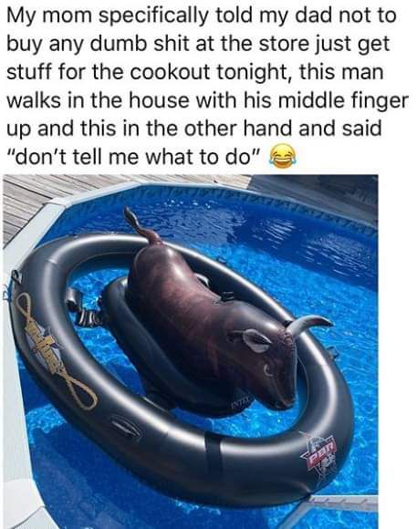My mom specifically told my dad not to buy any dumb shit at the store just get stuff for the cookout tonight this man walks in the house with his middle finger up and this in the other hand and said dont tell me what to do 2