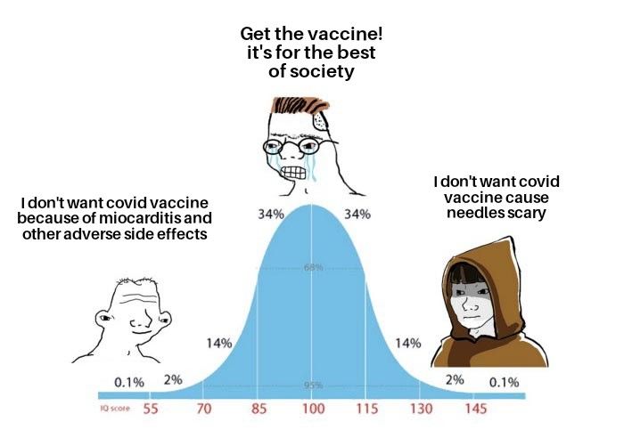 Get the vaccine itsfor the best of society Idontwant covid vaccine cause needles scary I dontwant covid v because of miocarditisand otheradverse side effects