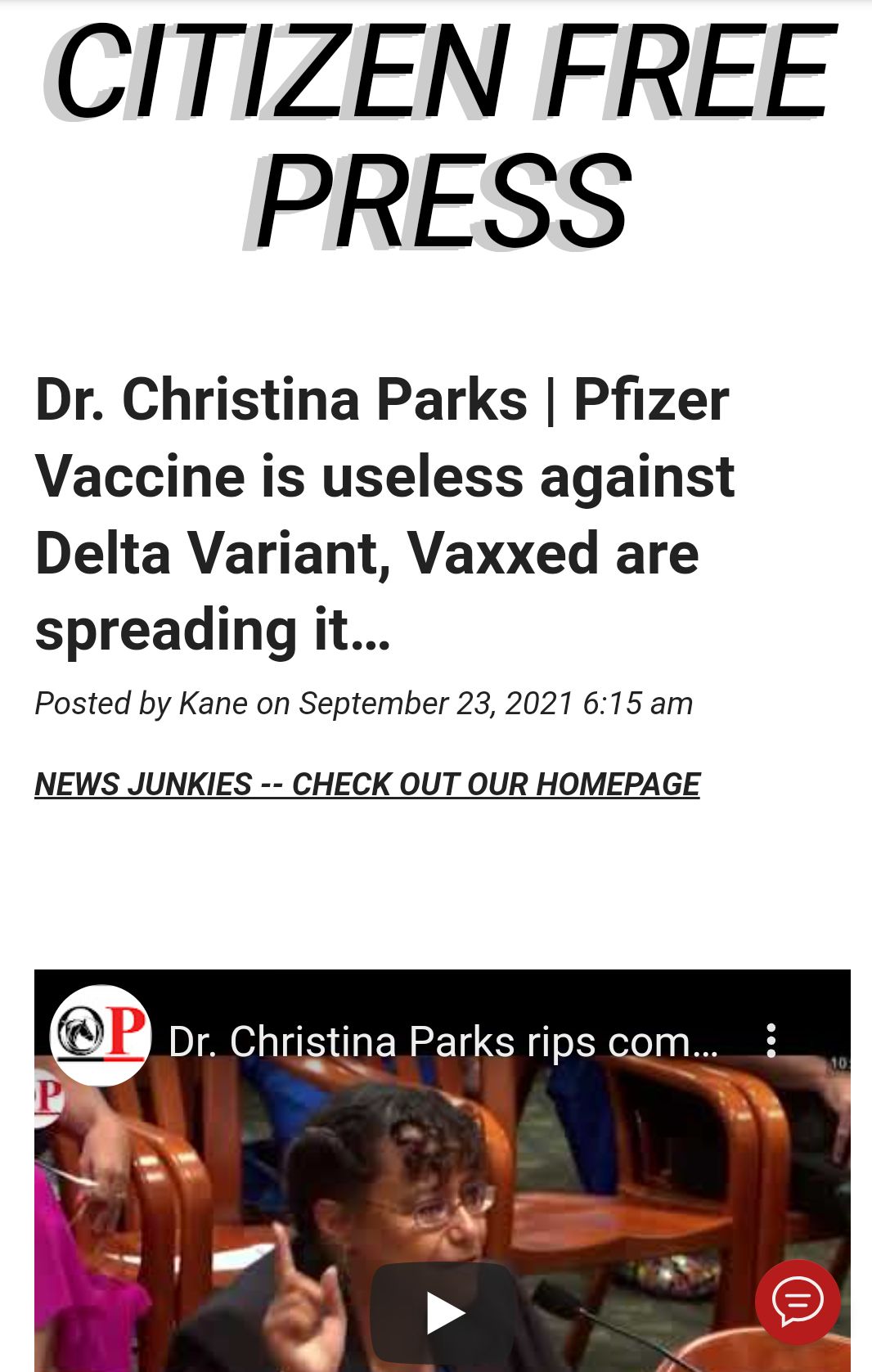 CITIZEN FREE PRESS Dr Christina Parks Pfizer Vaccine is useless against Delta Variant Vaxxed are spreading it Posted by Kane on September 23 2021 615 am NEWS JUNKIES CHECK OUT OUR HOMEPAGE Dr Christina Parks rips com S