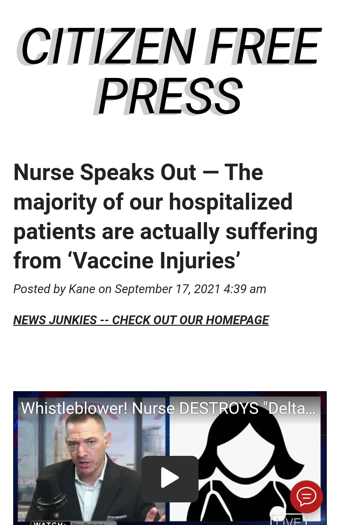 CITIZEN FREE PRESS Nurse Speaks Out The majority of our hospitalized patients are actually suffering from Vaccine Injuries Posted by Kane on September 17 2021 439 am NEWS JUNKIES CHECK OUT OUR HOMEPAGE WhiabloerNuirs Wp s vb