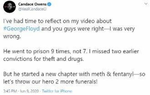 Ive had time to reflect on my video about GeorgeFloyd and you guys were rightI was very wrong He went to prison 9 times not 7 missed two earlier convictions for theft and drugs But he started a new chapter with meth fentanylso lets throw our hero 2 more funerals 45PN 20 Twitter fun iPherse