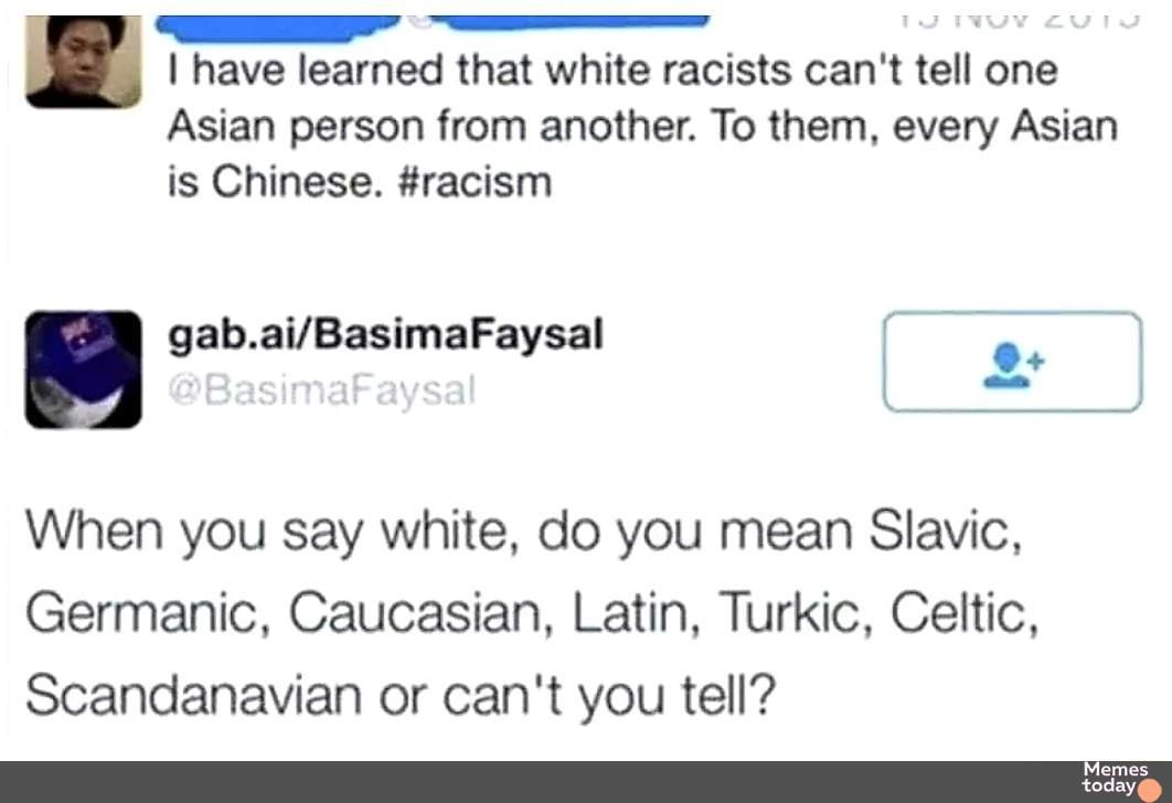 T have learned that white racists cant tell one Asian person from another To them every Asian is Chinese racism gabaiBasimaFaysal e A When you say white do you mean Slavic Germanic Caucasian Latin Turkic Celtic Scandanavian or cant you tell Memes today