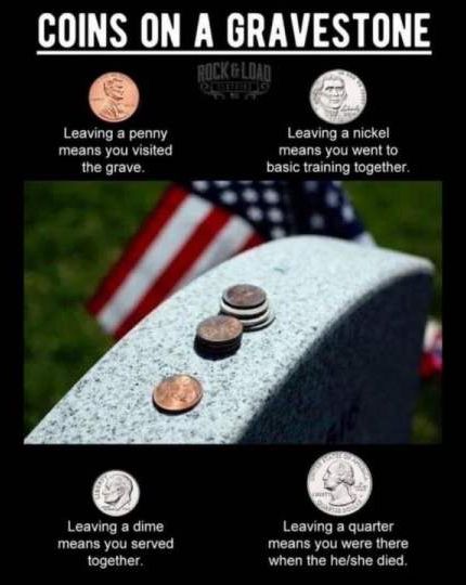 COINS ON A GRAVESTONE 2 Leaving a penny Leaving a nickel means you visited means you went to the grave basic training together Leaving a dime Leaving a quarter means you served means you were there together when the heshe died