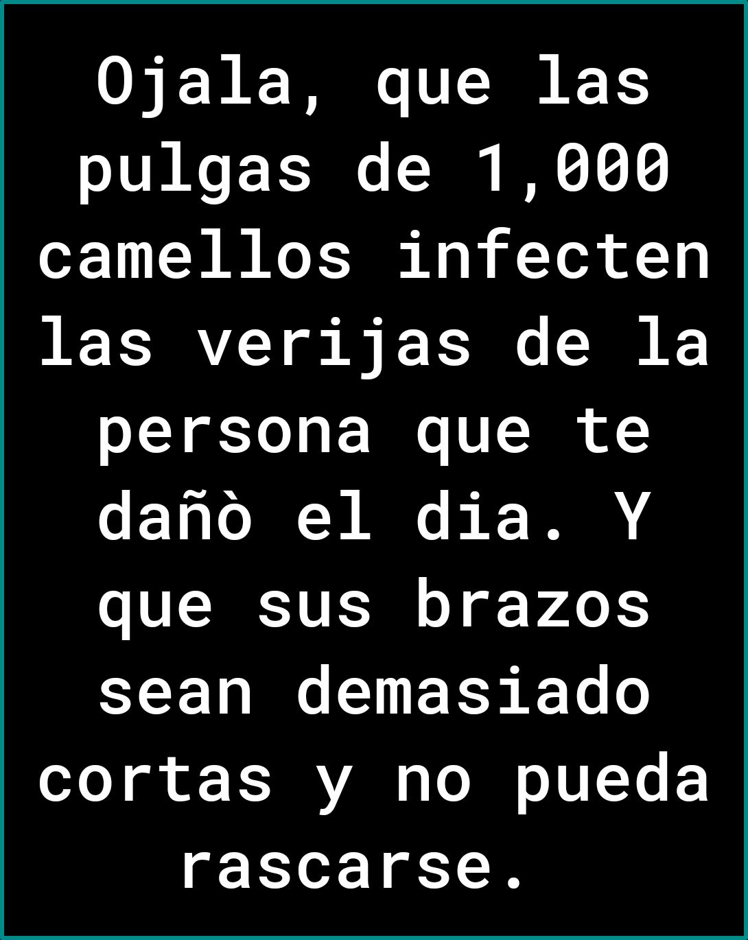 Ojala que las pulgas de 1000 camellos infecten las verijas de la persona que te dano el dia Y que sus brazos CY F 1o I X RTe o oeYo g FIRVAN s oM oI T E rascarse
