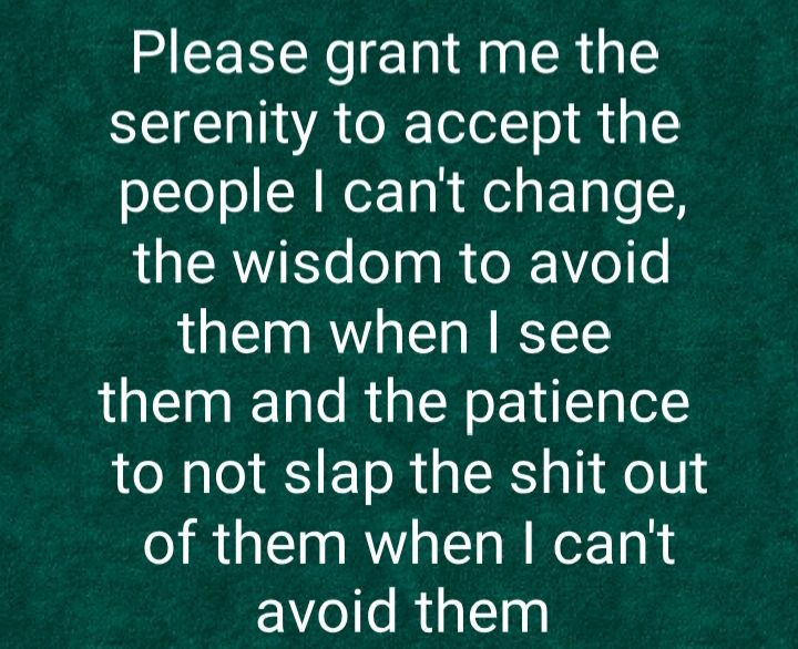 Please grant me the serenity to accept the people cant change the wisdom to avoid them when see them and the patience to not slap the shit out of them when cant avoid them