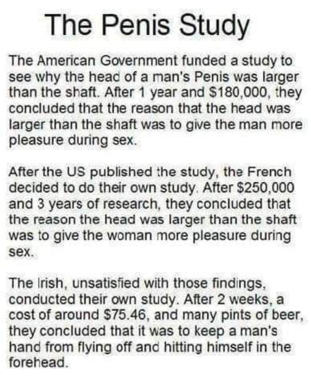 The Penis Study The American Government funded a study to see why the head of a mans Penis was larger than the shaft After 1 year and 180000 they concluded that the reason that the head was larger than the shaft was to give the man more pleasure during sex After the US published the study the French decided to do their own study After 250000 and 3 years of research they concluded that the reason t