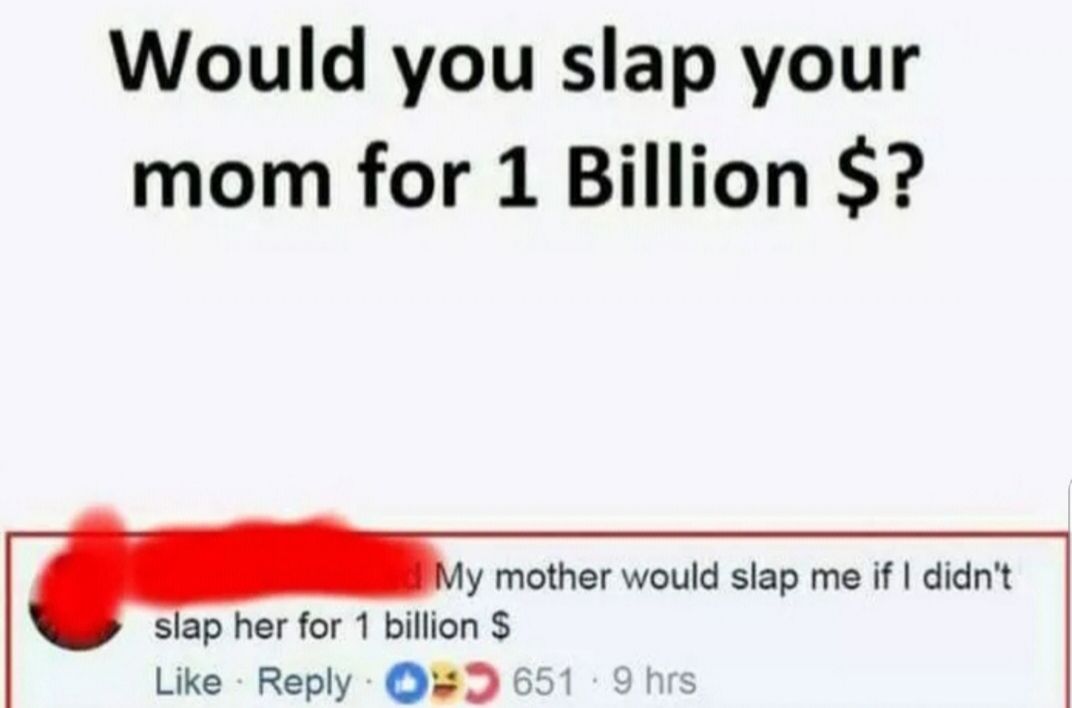 Would you slap your mom for 1 Billion y mother would slap me if didnt slap her for 1 billion Like Reply 9 651 9 hrs