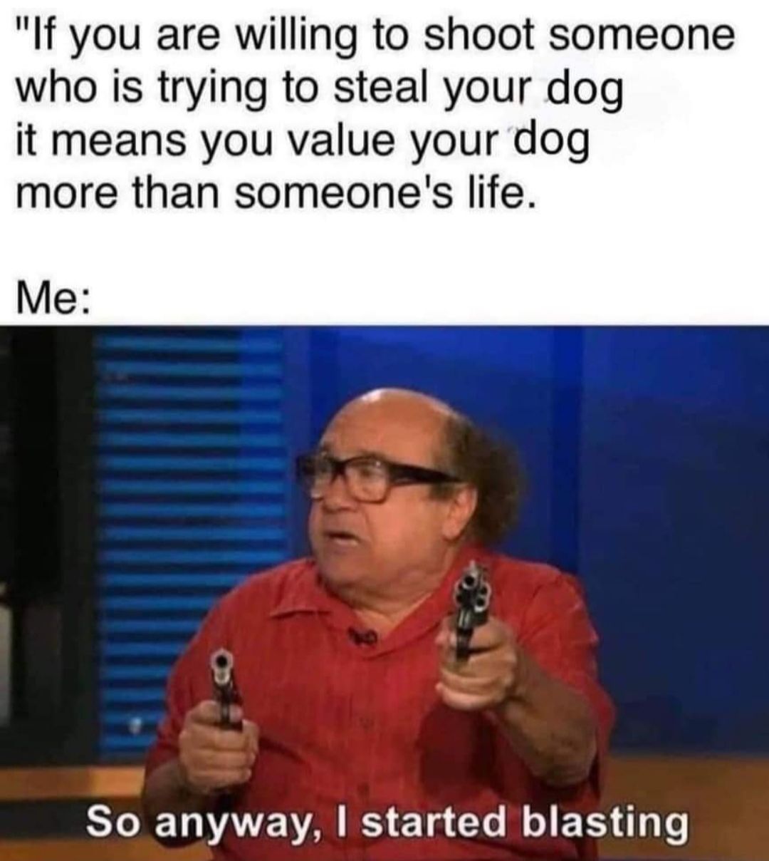 If you are willing to shoot someone who is trying to steal your dog it means you value your dog more than someones life Me ST LVAVE VAL 1g o M o EXS g