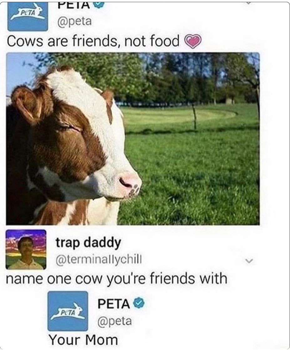 R FEIAWY LJ peta Cows are frlends not food trap daddy terminallychill name one cow youre friends with gunsy PETA PO PLTA 1 peta Your Mom