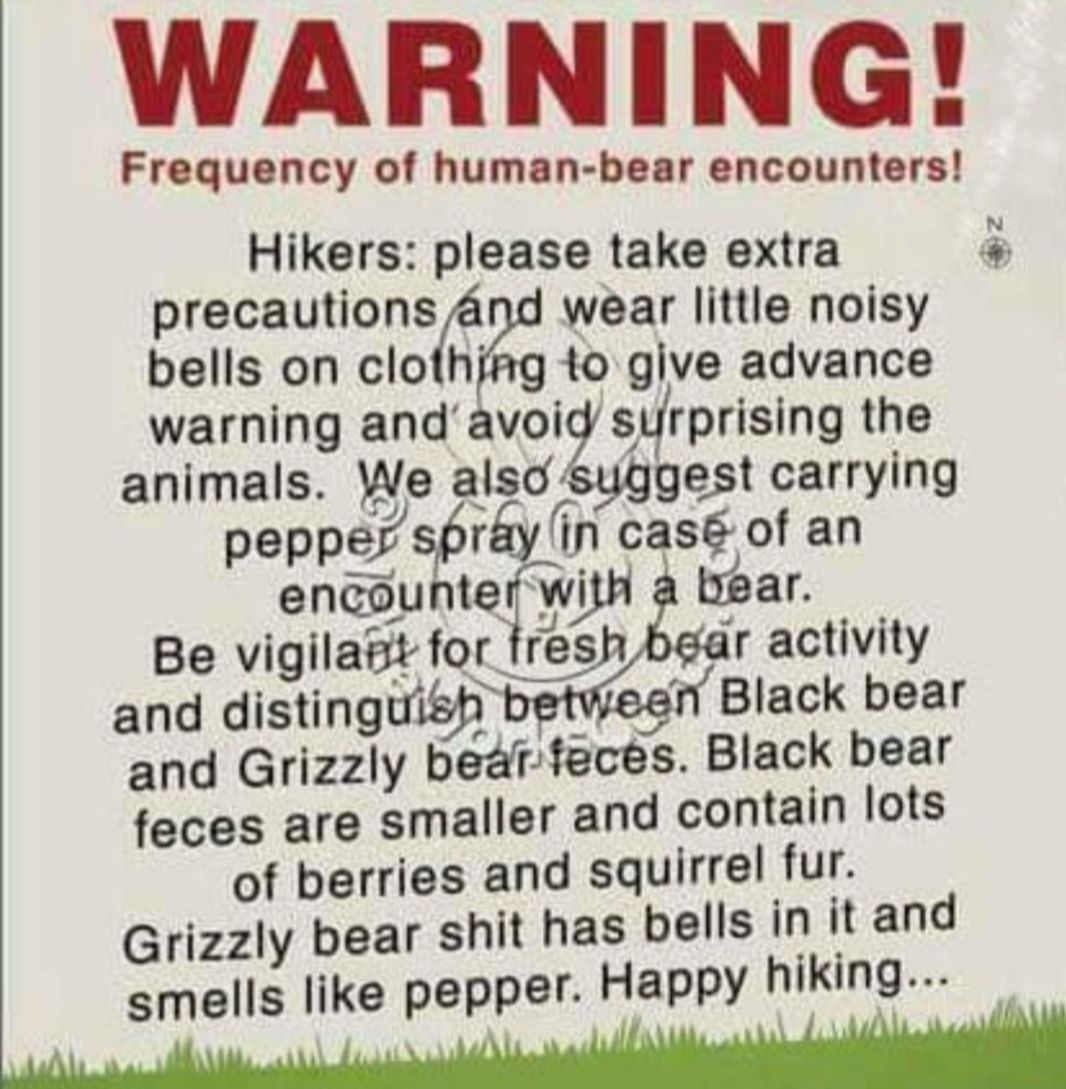 WARNING Frequency of human bear encounters Hikers please take extra precautionsf wear little noisy bells on clothjag to give advance warning andavoi srprising the animals We alsd suggest carrying pepper spray in casg of an encounter with ar Be vigilait for fresh bear activity and distinguish Black bear and Grizzly bearfeces Black bear feces are smaller and contain lots of berries and squirrel fur 