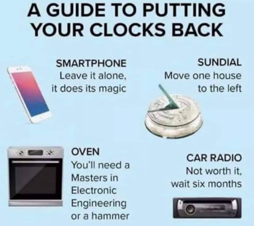 A GUIDE TO PUTTING YOUR CLOCKS BACK SMARTPHONE Leave it alone it does its magic mm OVEN Youll need a Masters in Electronic Emmmm Engineering or a hammer SUNDIAL Move one house W __ to the left CAR RADIO Not worth it wait six months